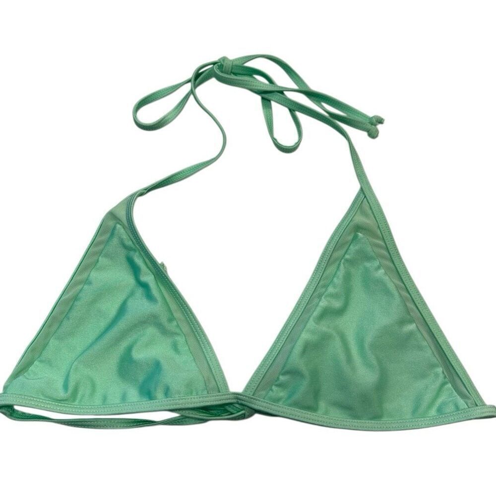 Lovers + Friends Unpadded Halter Mesh Trim Triangle Bikini Top Green Size XL